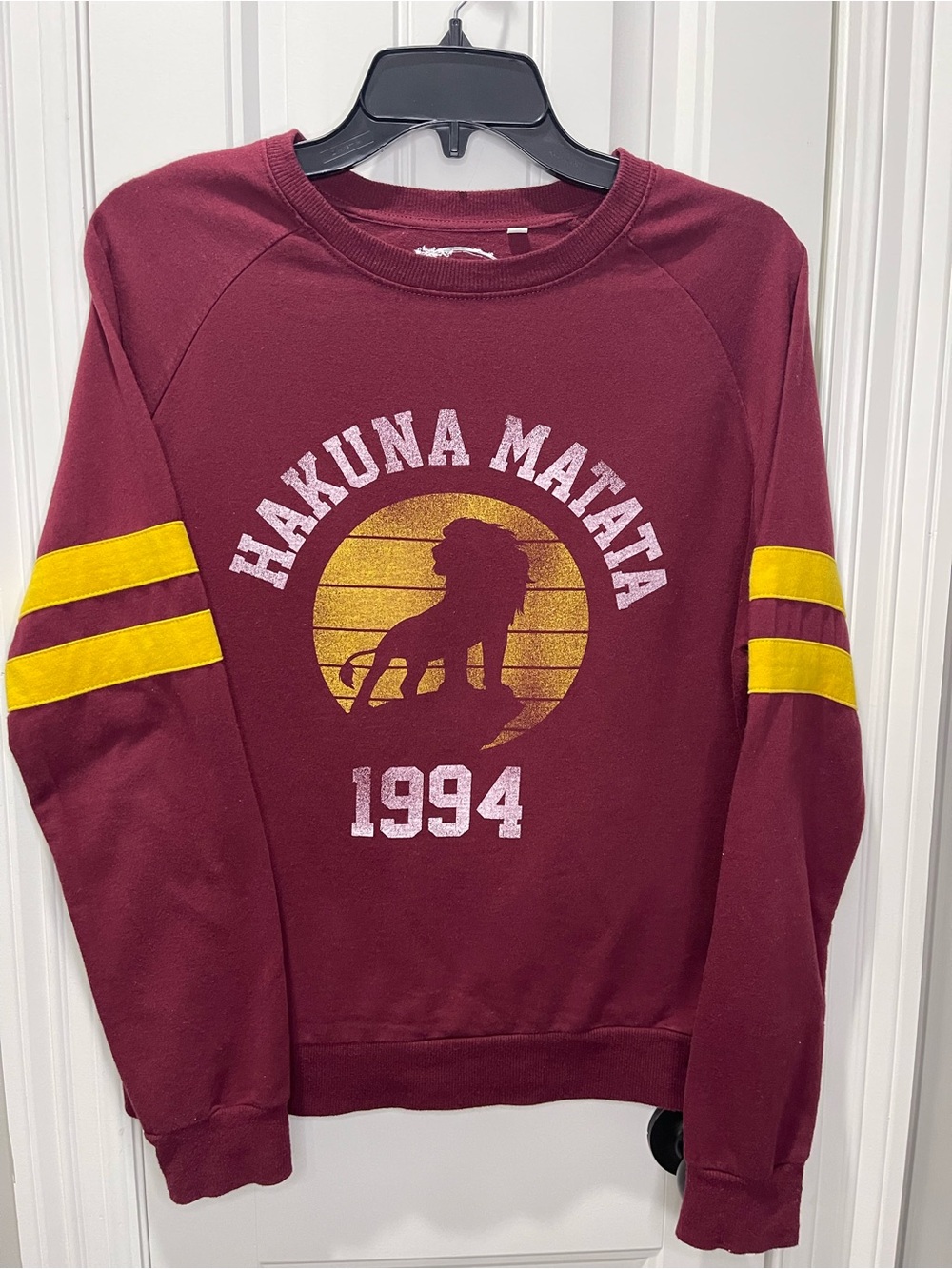 Disney Maroon Crewneck Sweatshirt with Gold Graphic and Sleeve Stripes